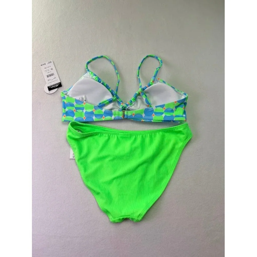 Endless Waves Bikini Set Womens M/L Neon Green Blue Geometric NWT UPF 50+ Ribbed